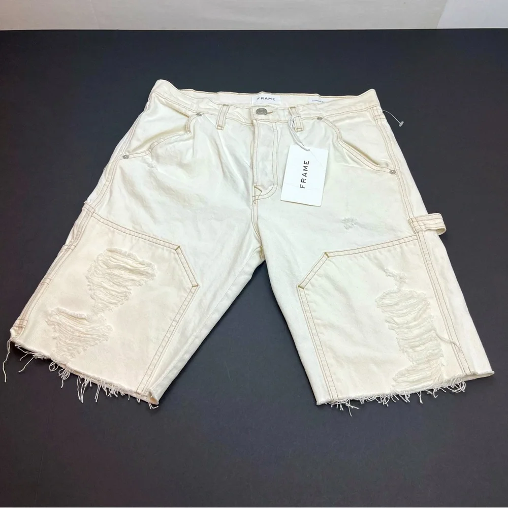 Frame Le Slouch Bermuda Off‎ White Rips Distressed Denim Short 26 NEW *TINY FLAW